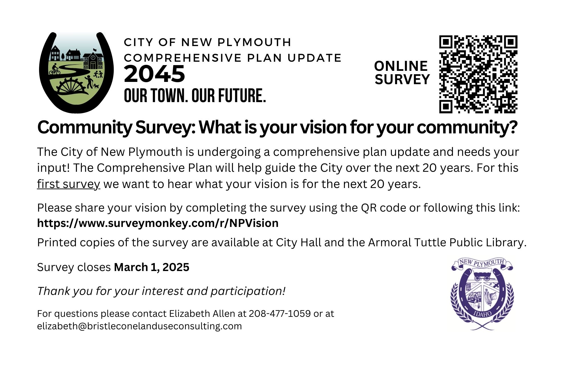 If you live and/or work in the City of New Plymouth (or reside in our impact area), we invite you to participate in this survey.